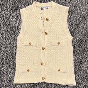 Zara Beige Button-Up Sweater Vest